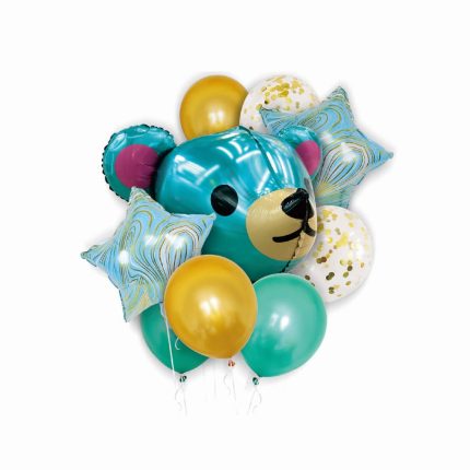 Set 9 baloane , figurina urs , turcoaz si galben