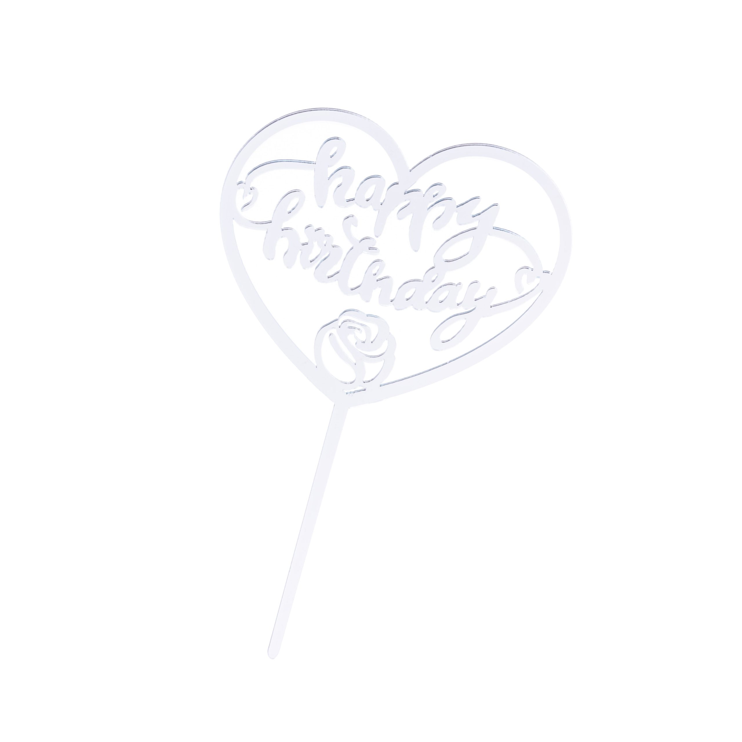 Topper tort happy birthday inima , argintiu , 10×10 cm