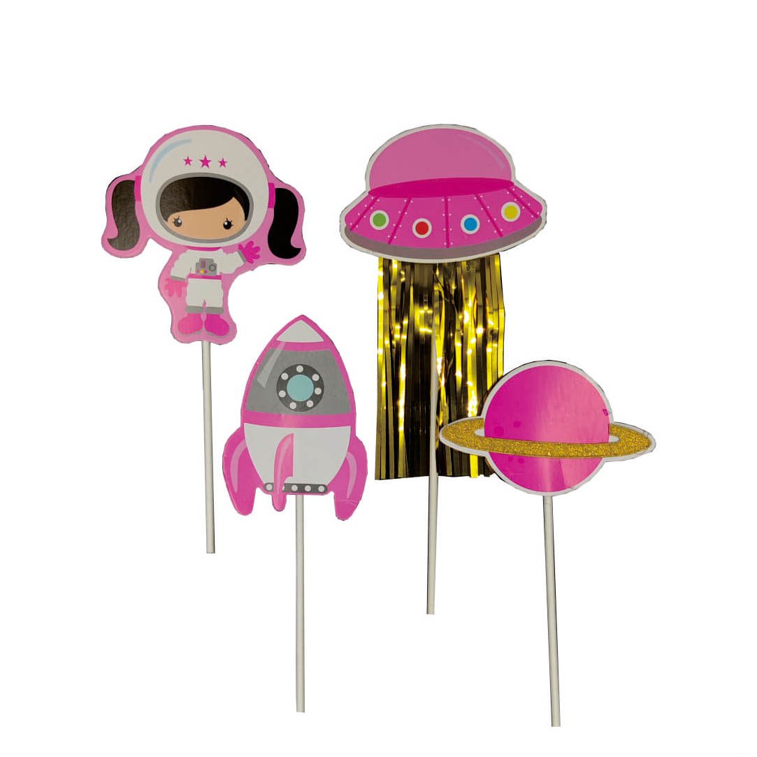Set 4 mini decoratiuni pentru tort , tematica spatiu , roz