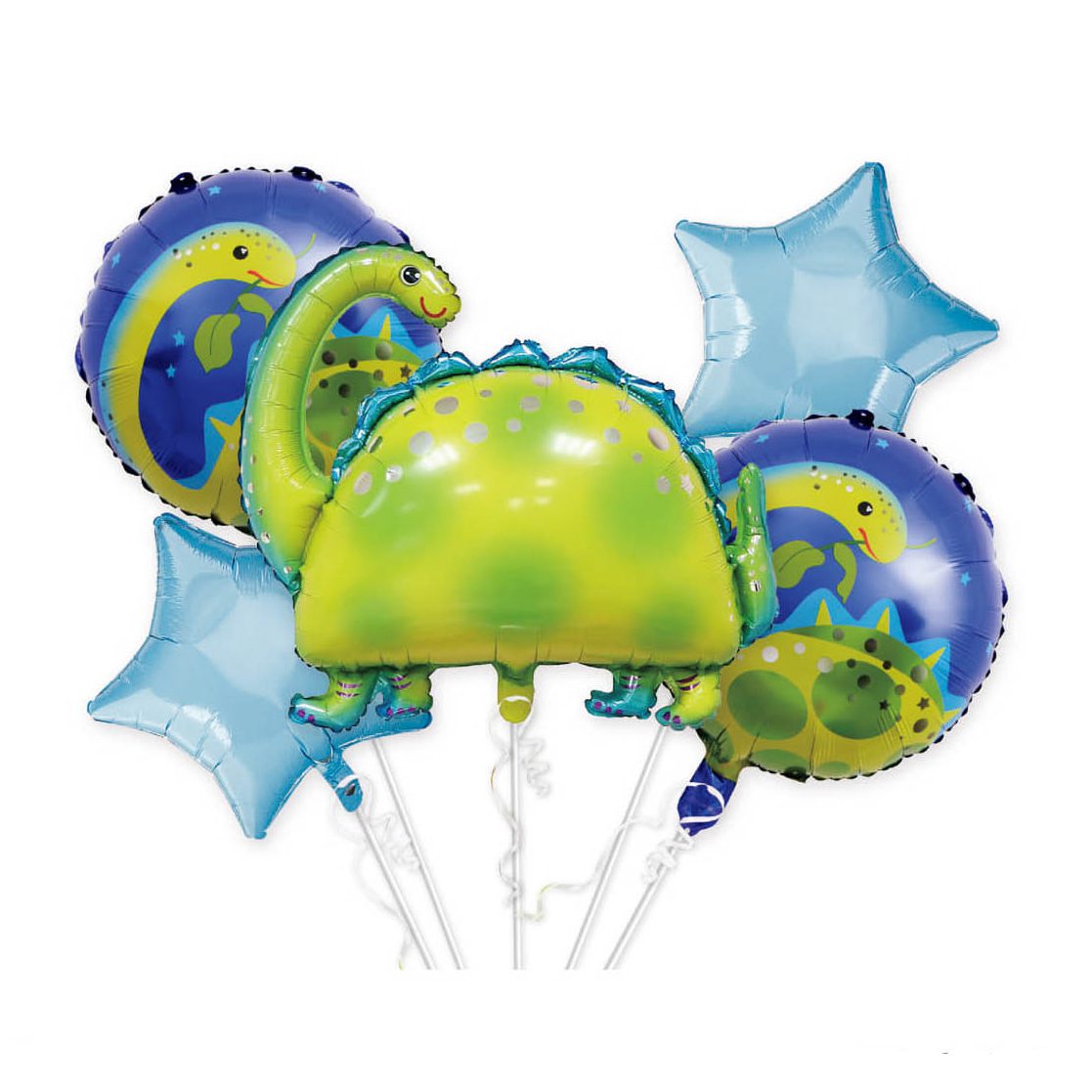 Set 5 baloane metalizate , figurina dinozaur , verde si albastru