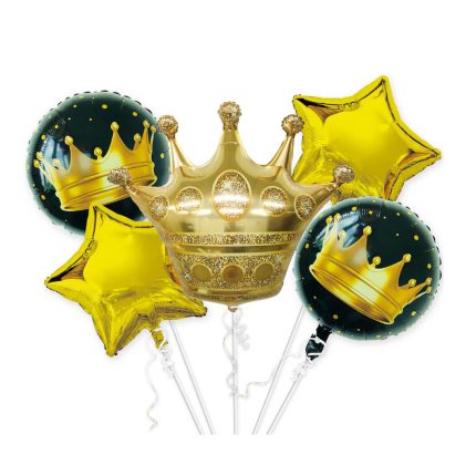 Set 5 baloane metalizate , figurina coroana , negru si auriu
