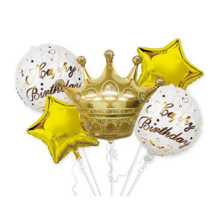 Set 5 baloane metalizate , figurina coroana , alb si auriu