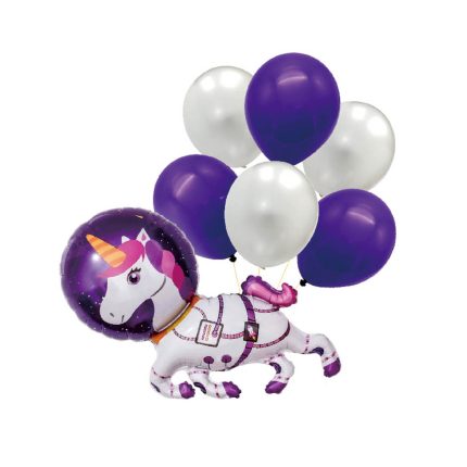 Set 7 baloane , unicorn , astronaut , alb si mov