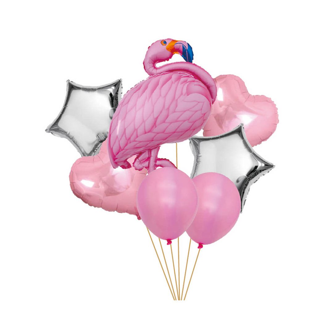 Set 7 baloane , figurina flamingo , roz si argintiu