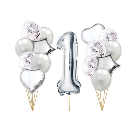 Set 15 baloane , prima aniversare , argintiu
