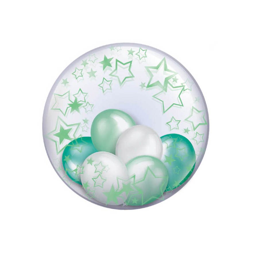 Balon bobo transparent cu 6 baloane , stele , alb si verde