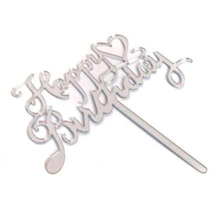 Topper tort Happy Birthday cu inima , argintiu , 10x16 cm