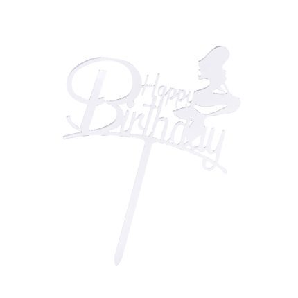 Topper tort Happy Birthday , sirena , argintiu , 9×12 cm