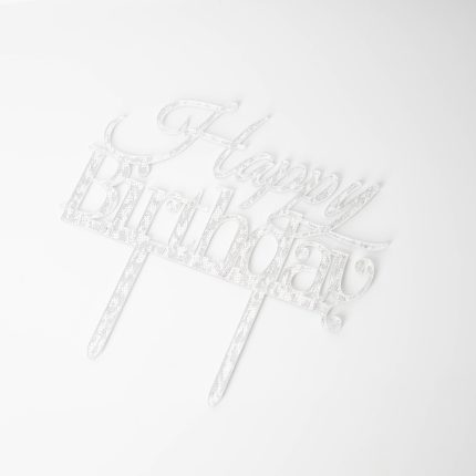 Topper tort happy birthday , argintiu , 8x14 cm