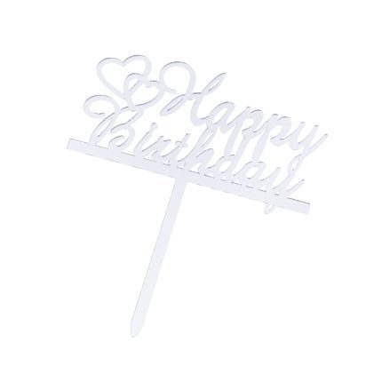 Topper tort , Happy Birthday , argintiu , 13×7 cm