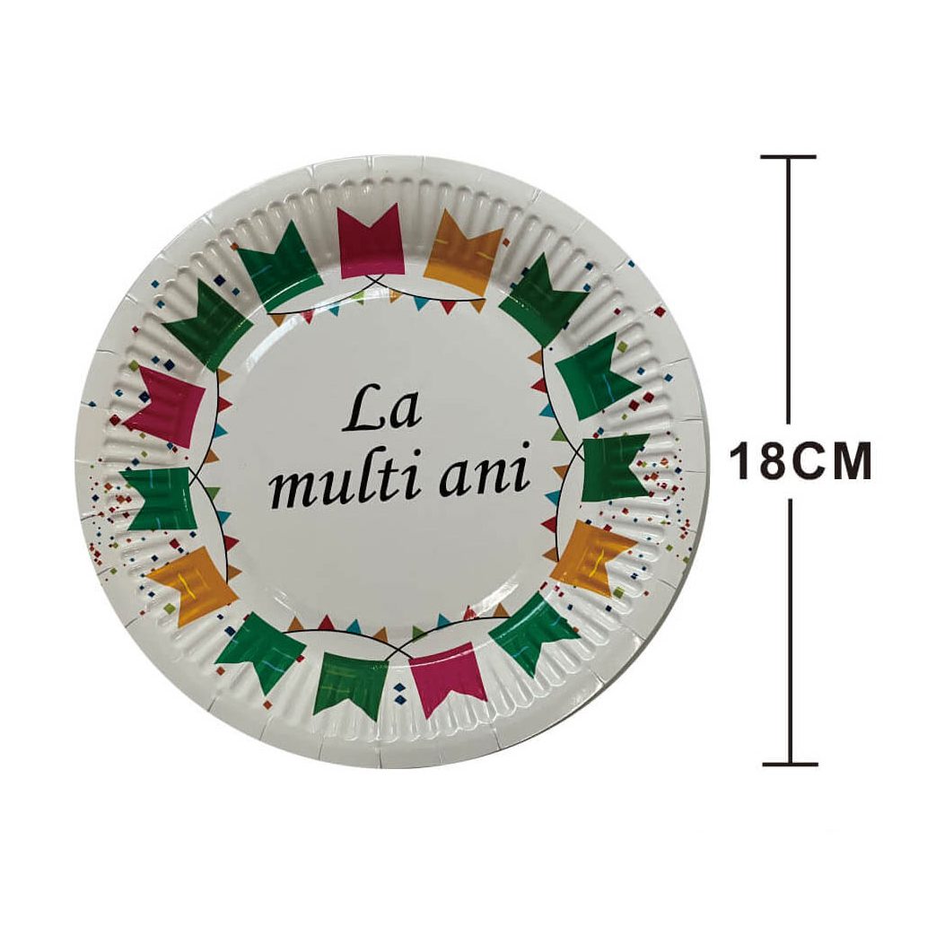Set 8 farfurii din carton , la multi ani ghirlanda , 18 cm