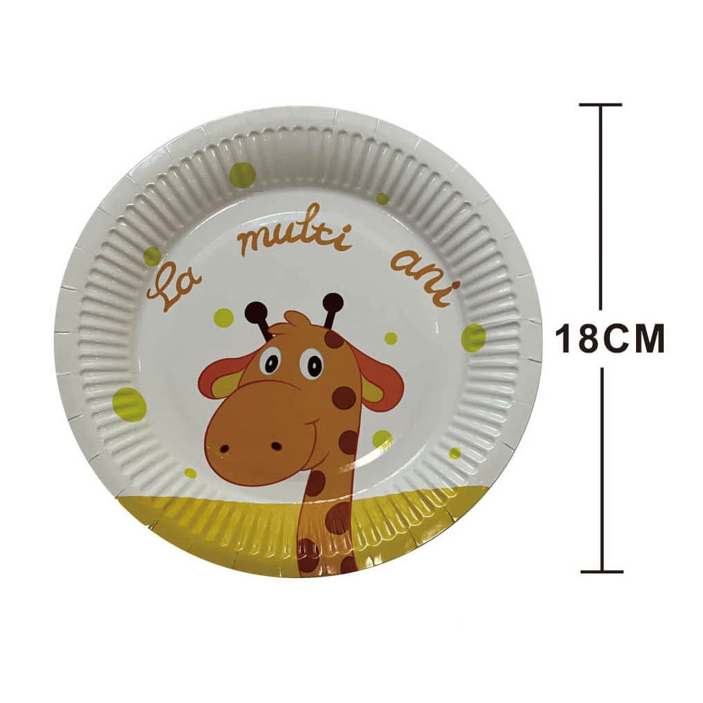 Set 8 farfurii din carton , la multi ani girafa , 18 cm