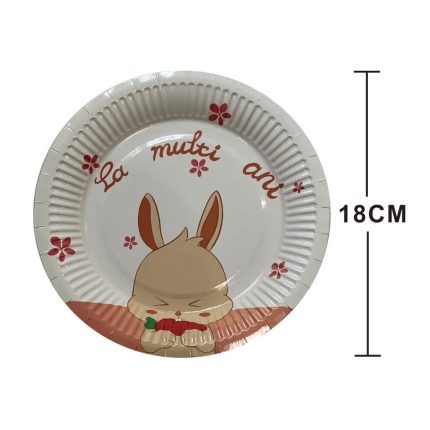 Set 8 farfurii din carton , la multi ani iepuras , 18 cm