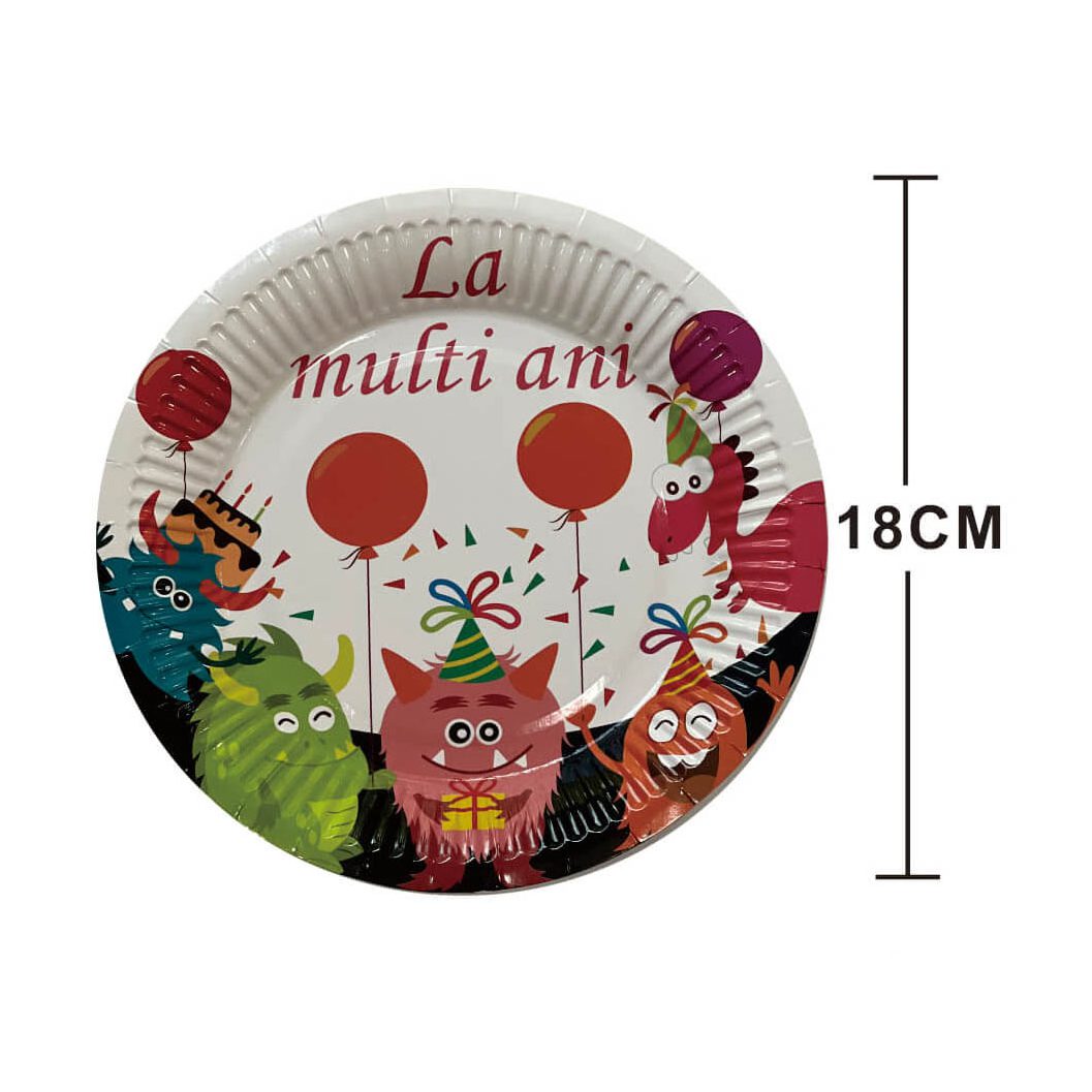 Set 8 farfurii din carton , la multi ani monstruleti , 18 cm
