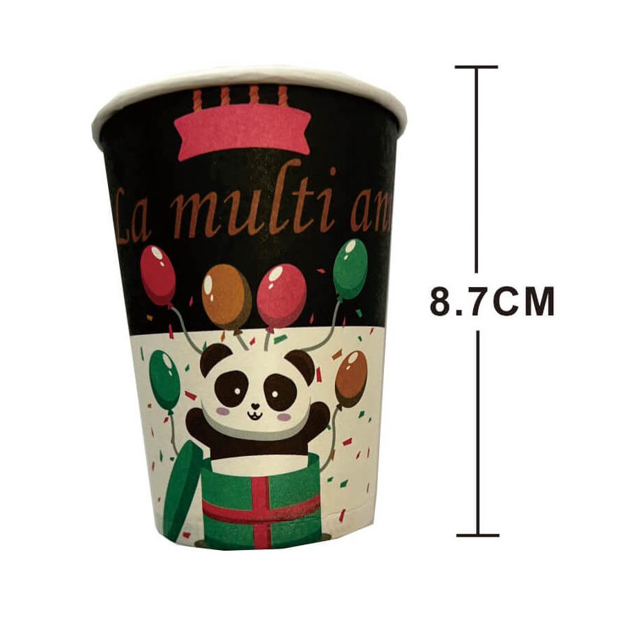 Set 8 pahare din carton , la multi ani panda , 8.7 cm