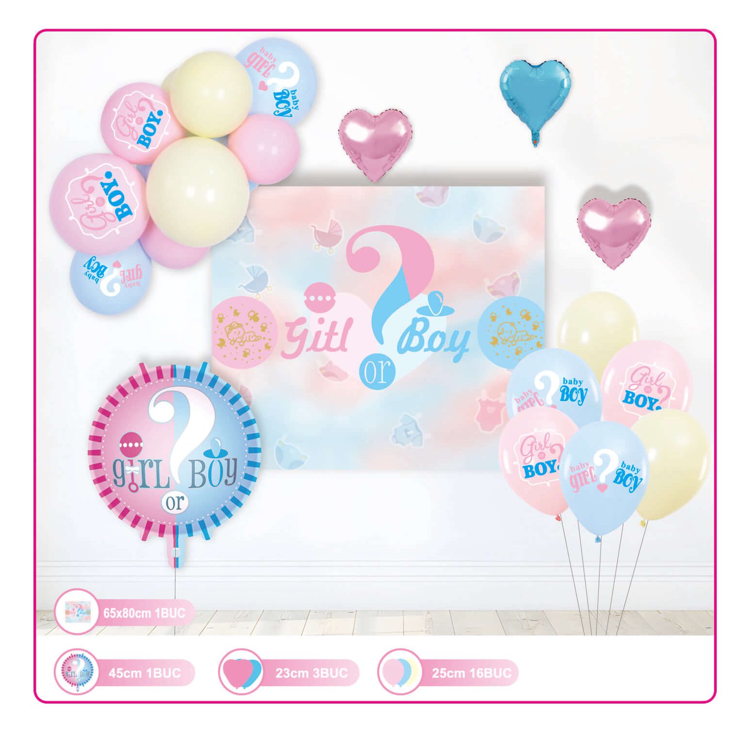 Set 21 baloane latex si metalizate cu banner , gender reveal