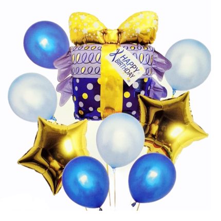 Set 9 baloane latex si metalizate , cadou , albastru si auriu