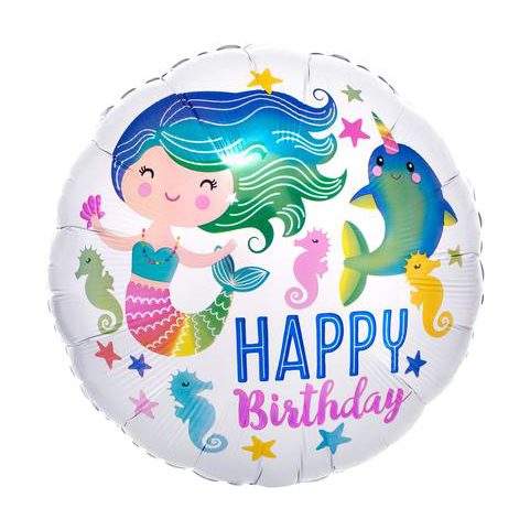 Balon din folie metalizata sirena , happy birthday multicolor , 43x51 cm