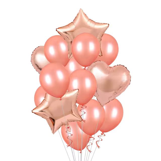 Set 16 baloane latex si folie metalizata , inima si stele , rose gold