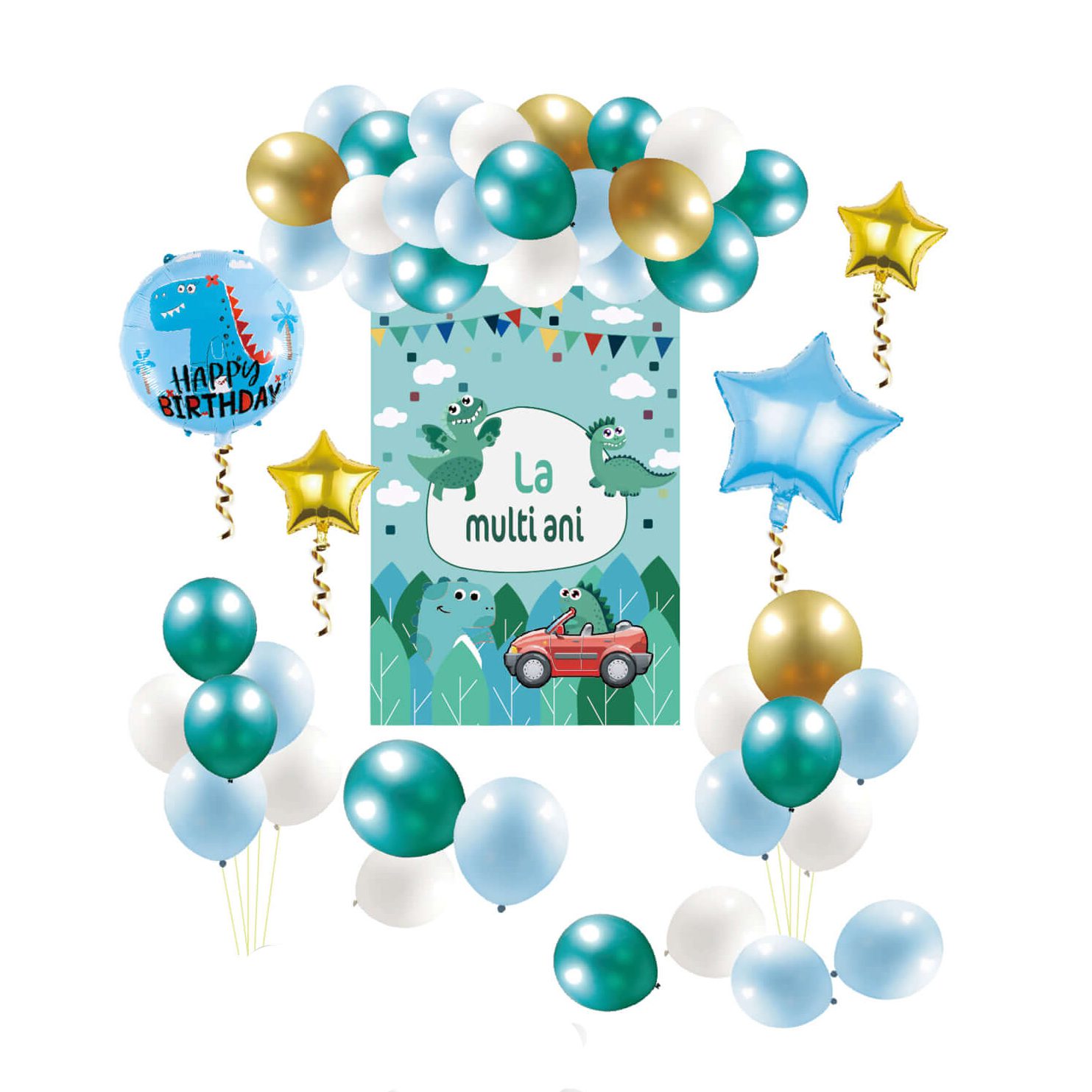 Set 45 baloane latex cu banner , La multi ani , tematica Dinozauri , verde & albastru