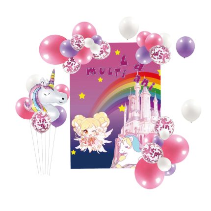 Set 74 baloane latex cu banner , La multi ani , tematica Unicorn , roz & mov