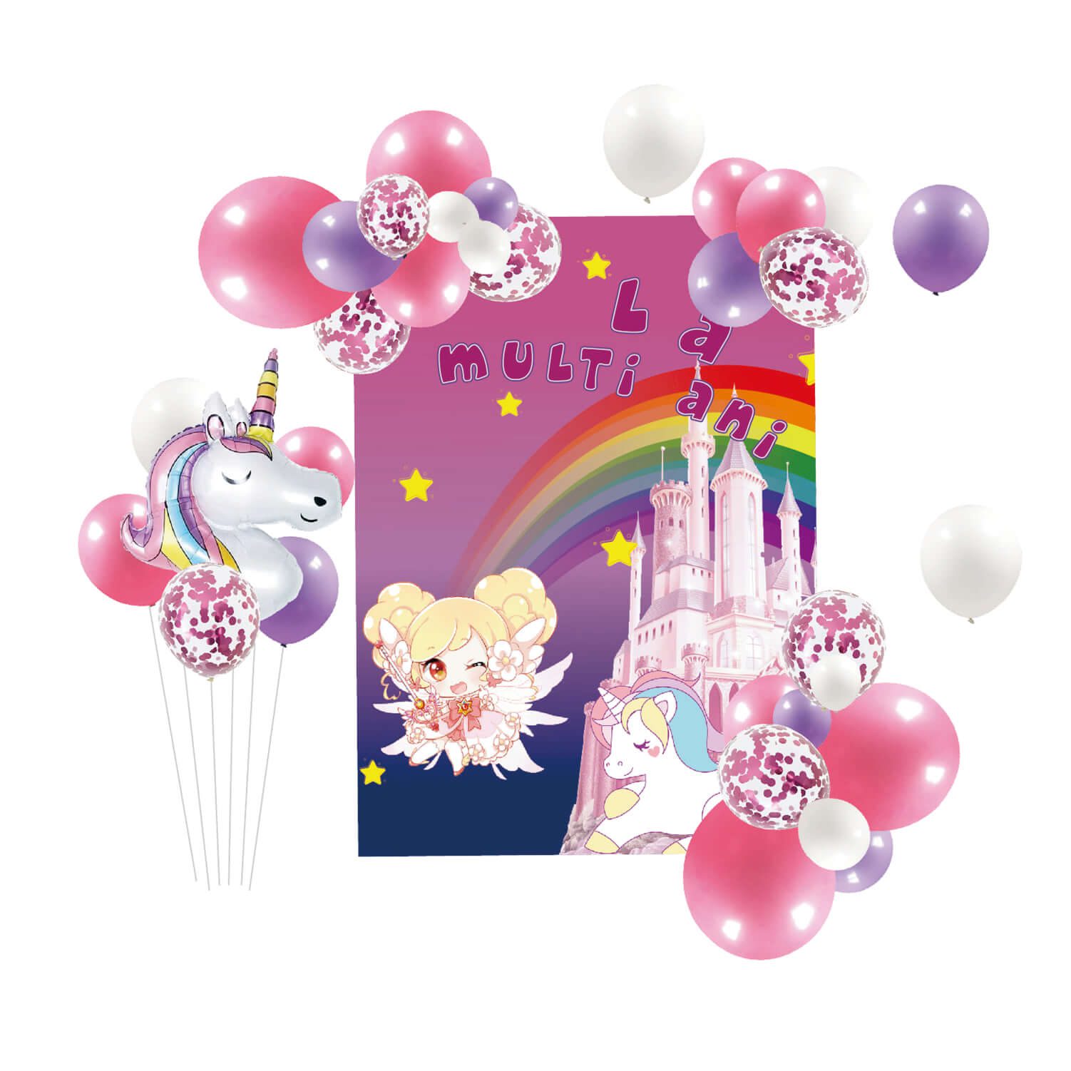 Set 74 baloane latex cu banner , La multi ani , tematica Unicorn , roz & mov