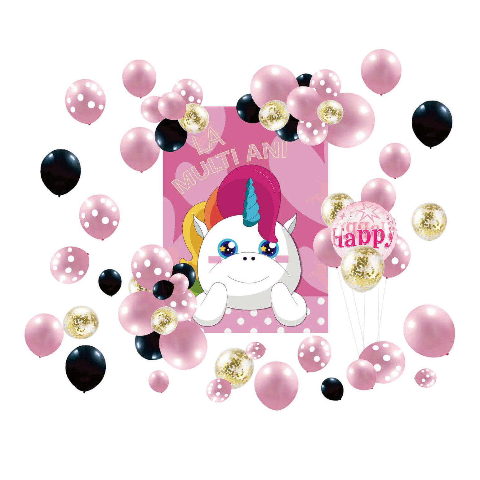 Set 74 baloane latex cu banner , La multi ani , tematica Unicorn , roz & negru