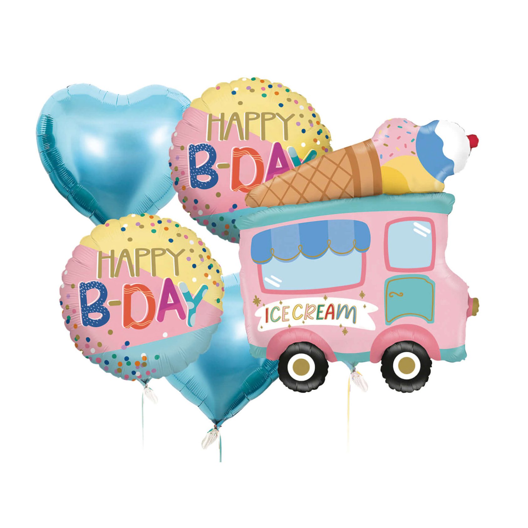 set 5 baloane Happy birthday , masinuta cu inghetata , multicolor