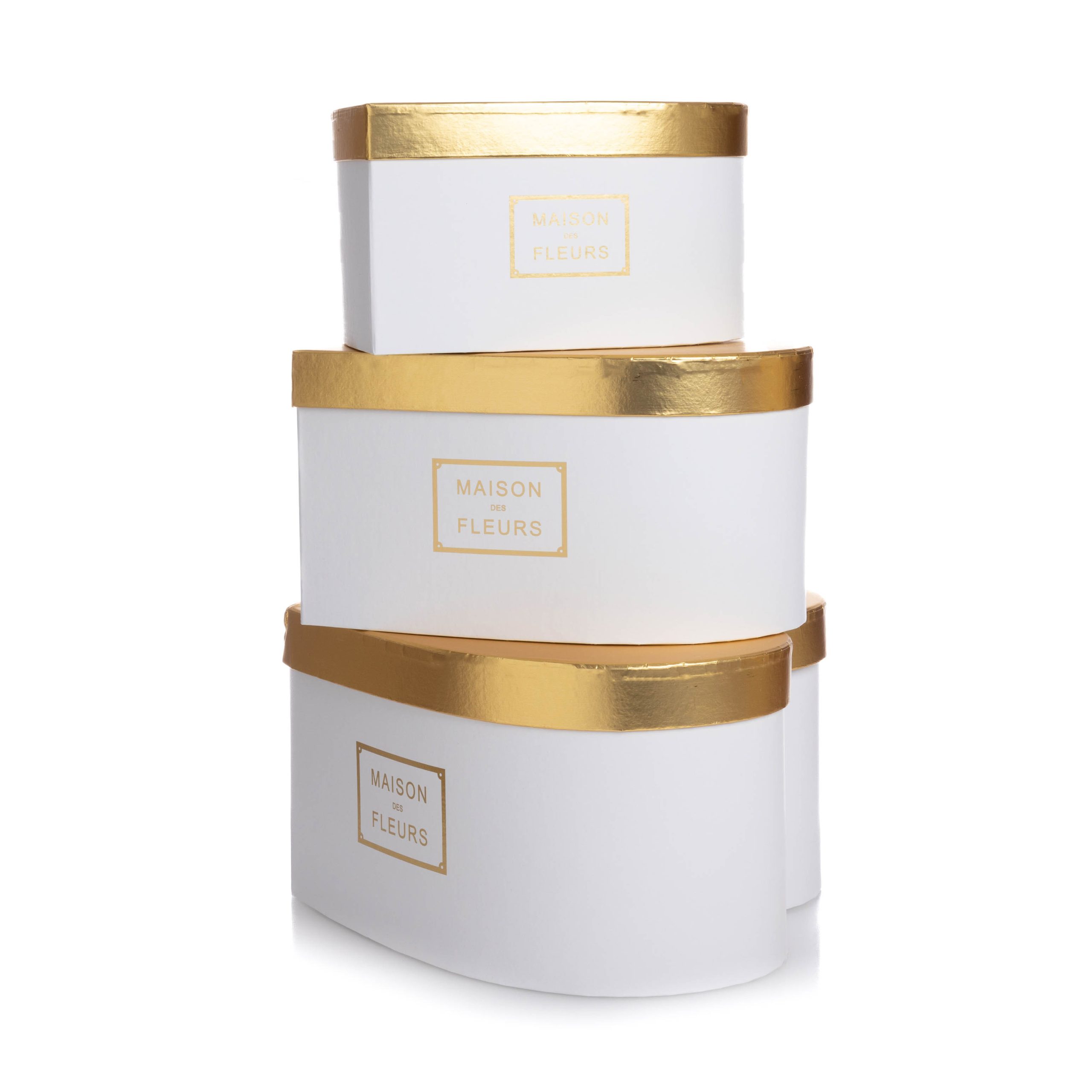 Set 3 cutii forma inima alba cu capac auriu