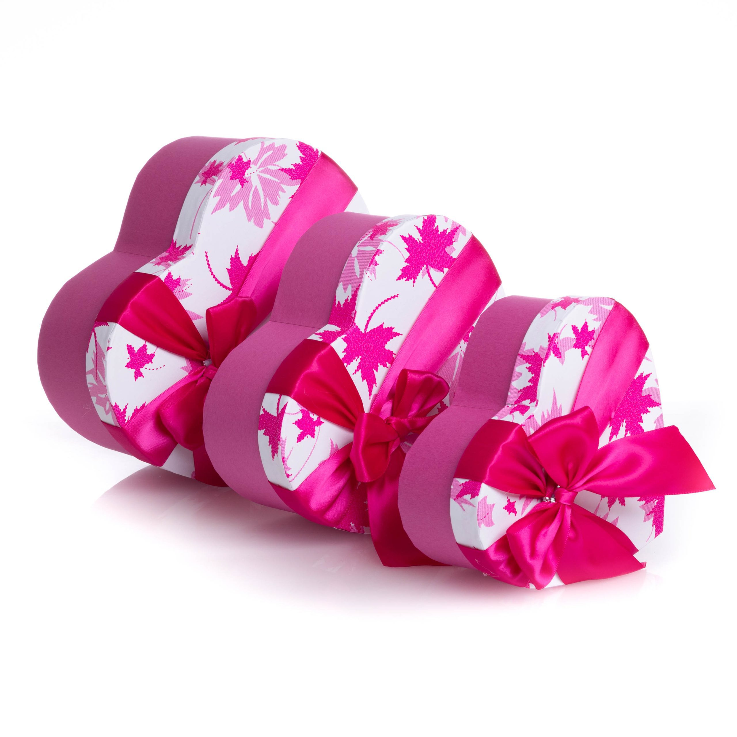 Set 3 cutii forma inima cu frunze de toamna , roz