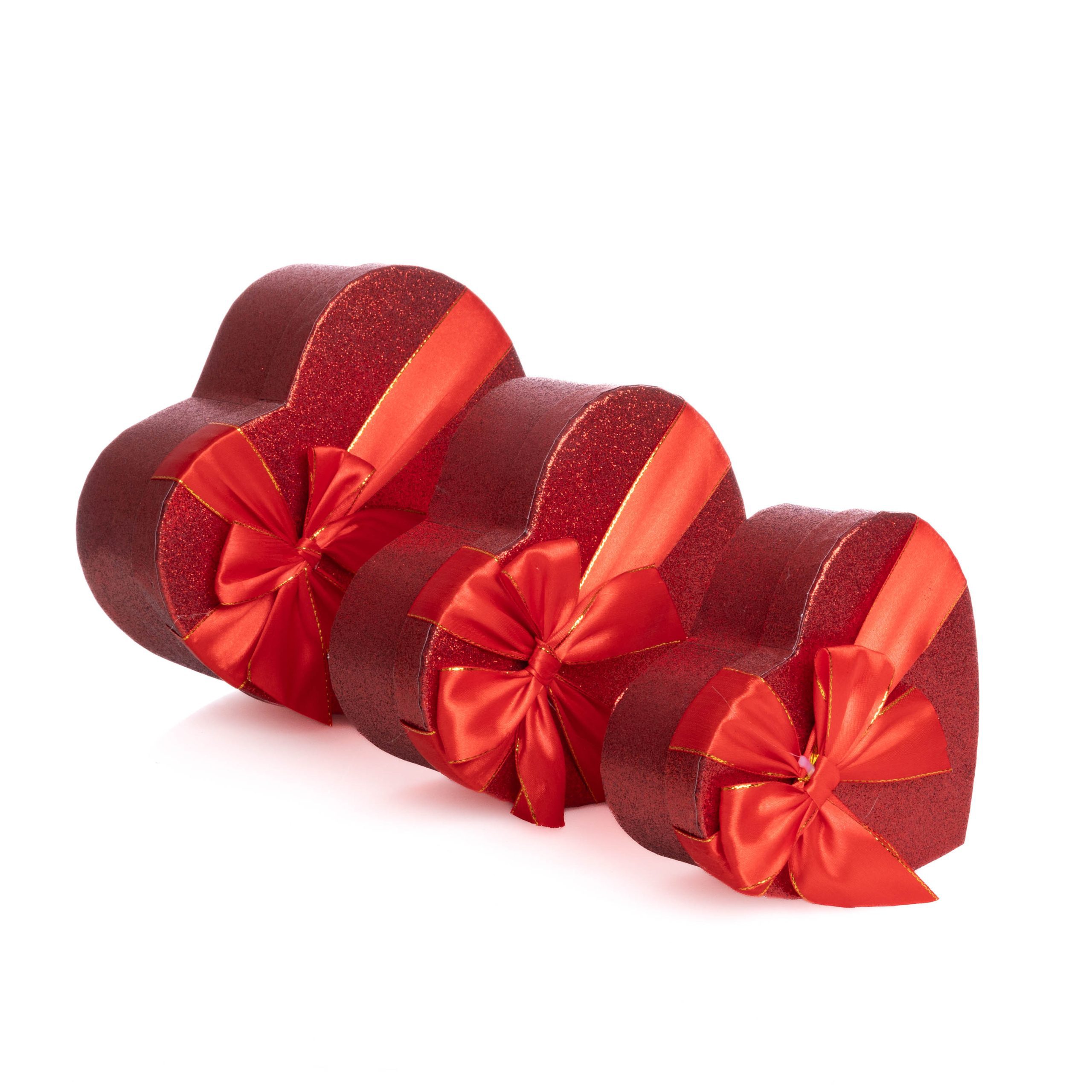 Set 3 cutii forma inima cu sclipici , rosu
