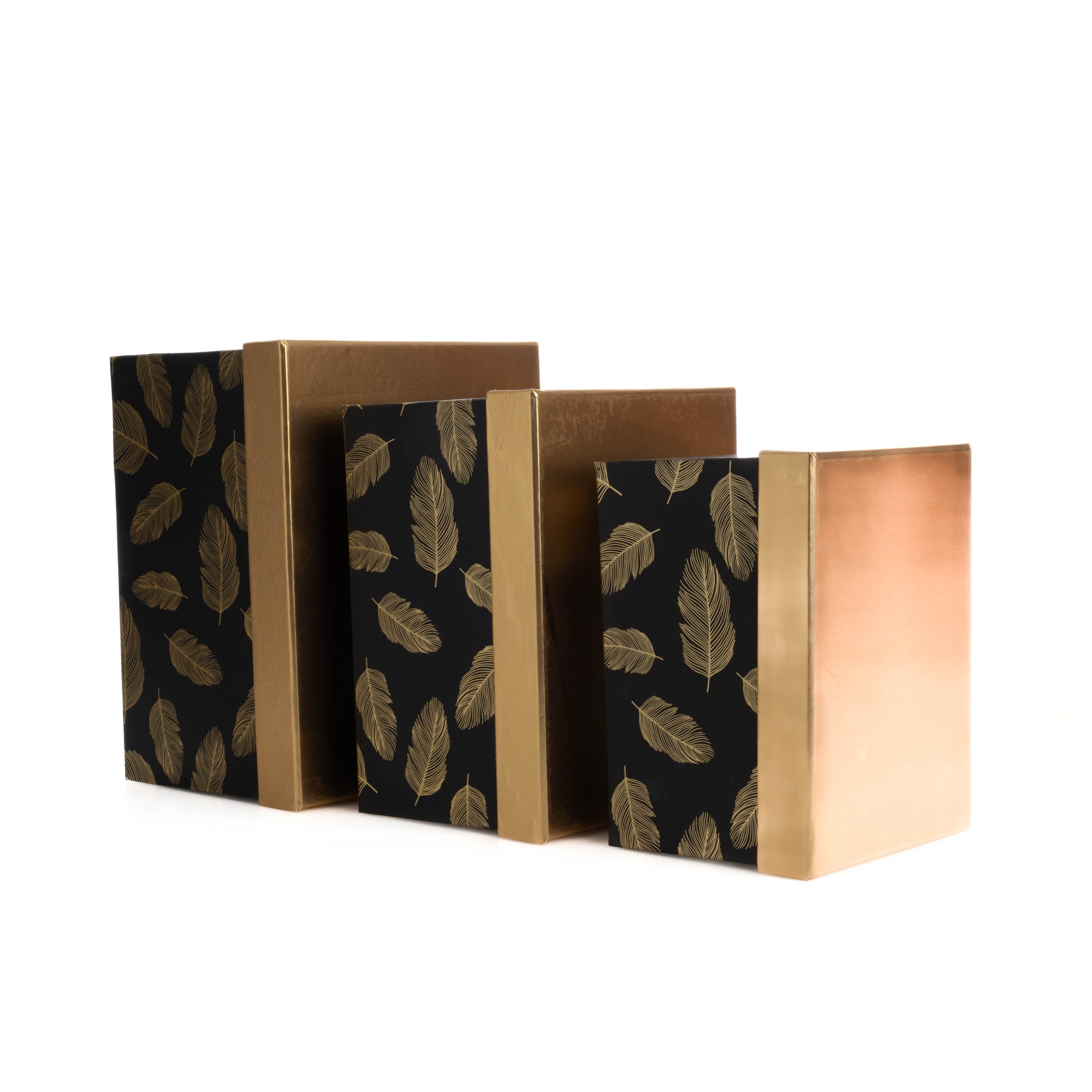 Set 3 cutii forma patrata negre cu pene aurii