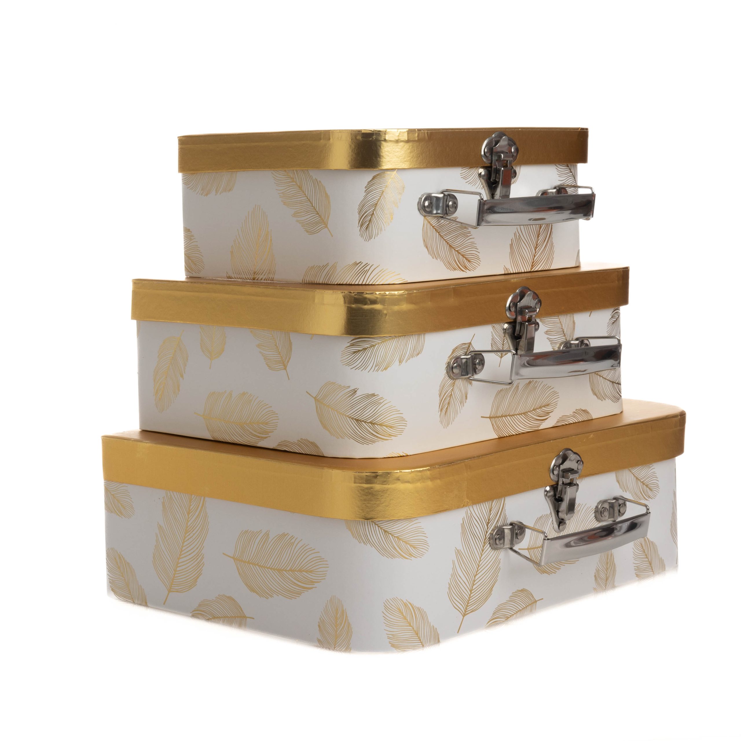 Set 3 cutii tip valiza albe cu pene aurii