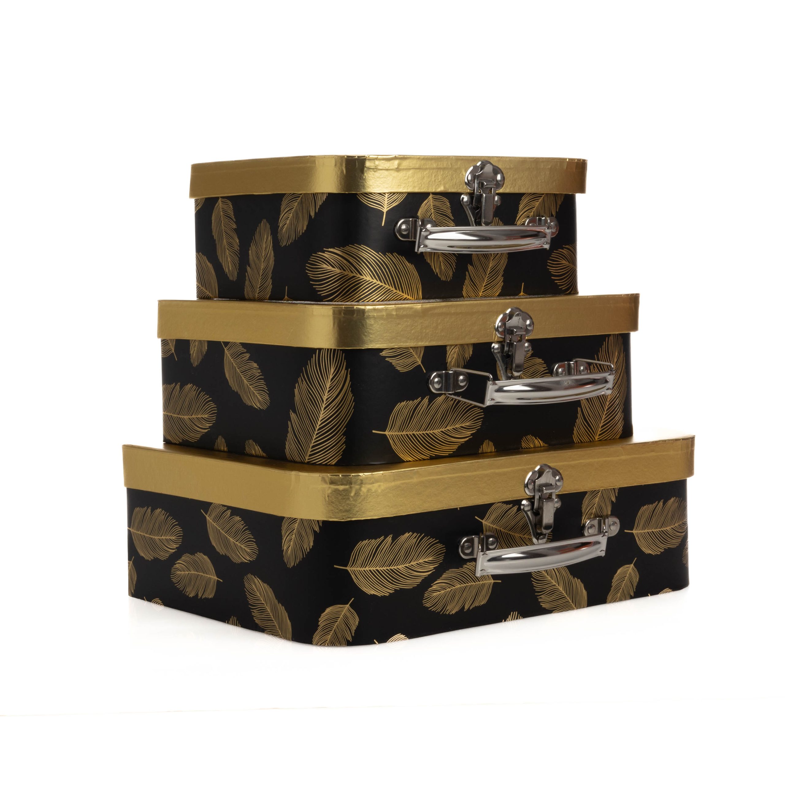 Set 3 cutii tip valiza negre cu pene aurii