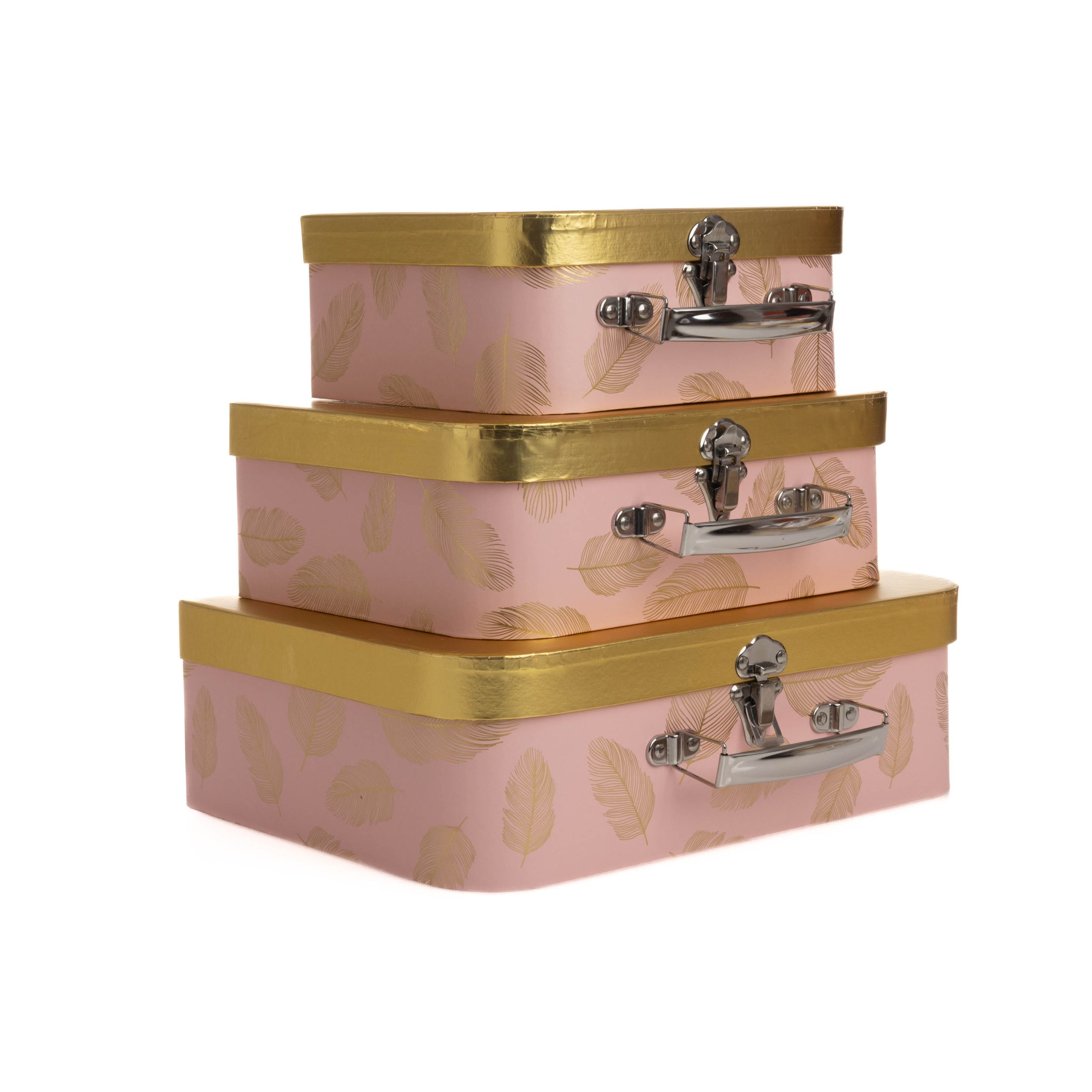 Set 3 cutii tip valiza roz cu pene aurii