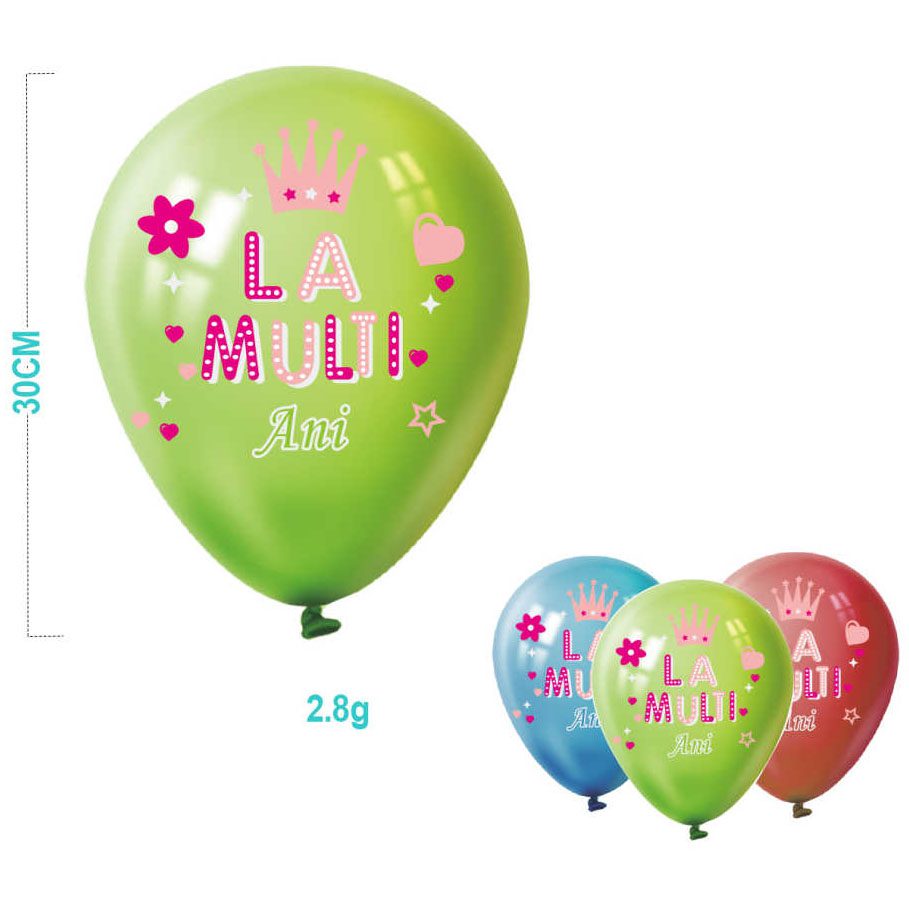 Set 5 baloane cromate cu imprimeu La Multi Ani si coroana , multicolor , 30 cm