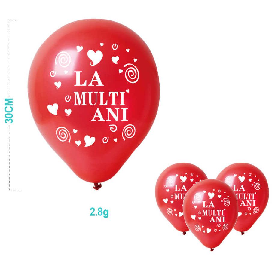 Set 6 baloane cu imprimeu La Multi Ani si inimi , rosu , 30 cm
