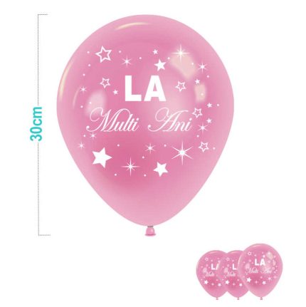 Set 6 baloane cu imprimeu La Multi Ani si stele , roz deschis , 30 cm