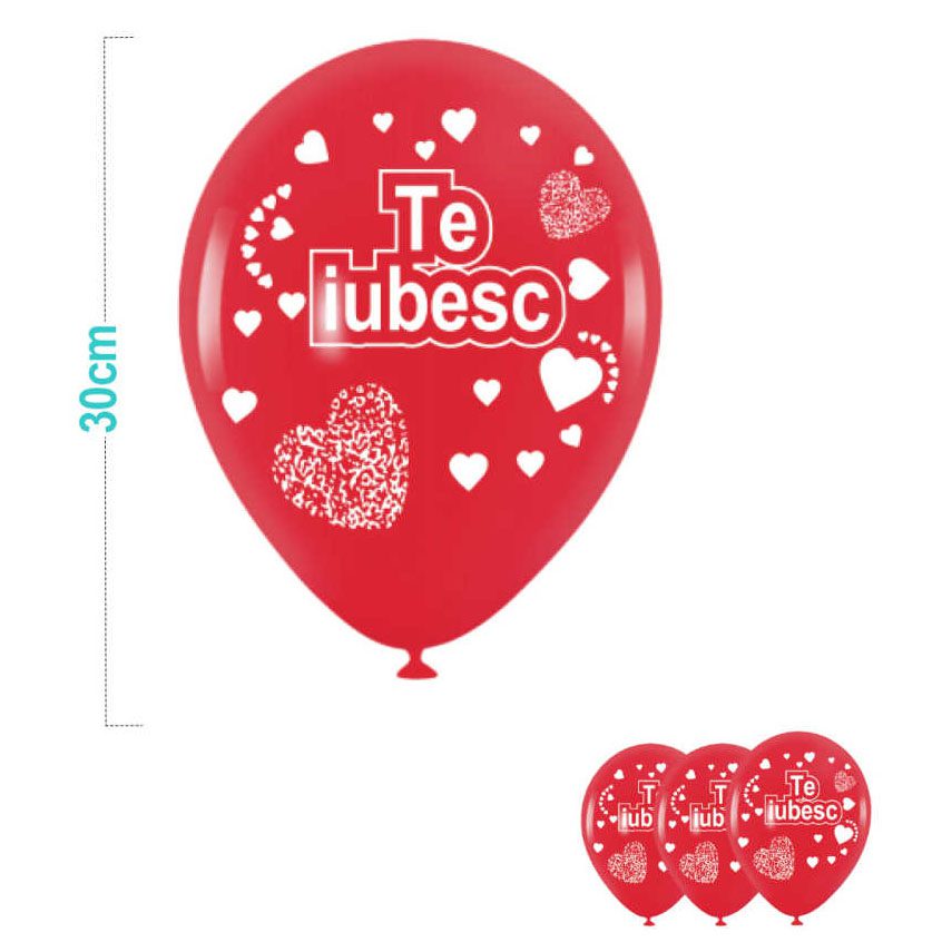 Set 6 baloane cu imprimeu Te Iubesc si inimi , rosu , 30 cm