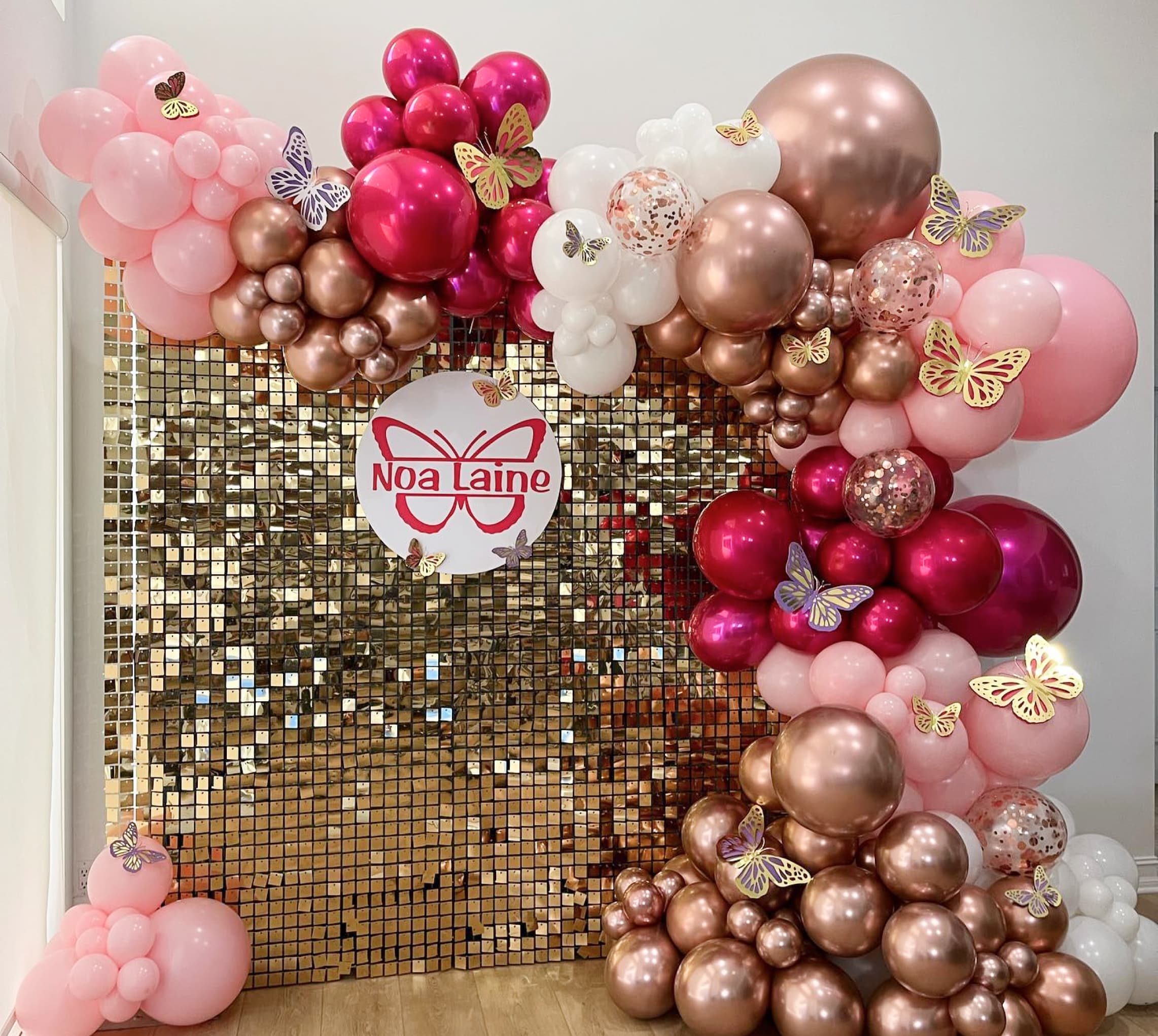 Set 228 baloane, tip arcada cu fluturasi roz si rose gold