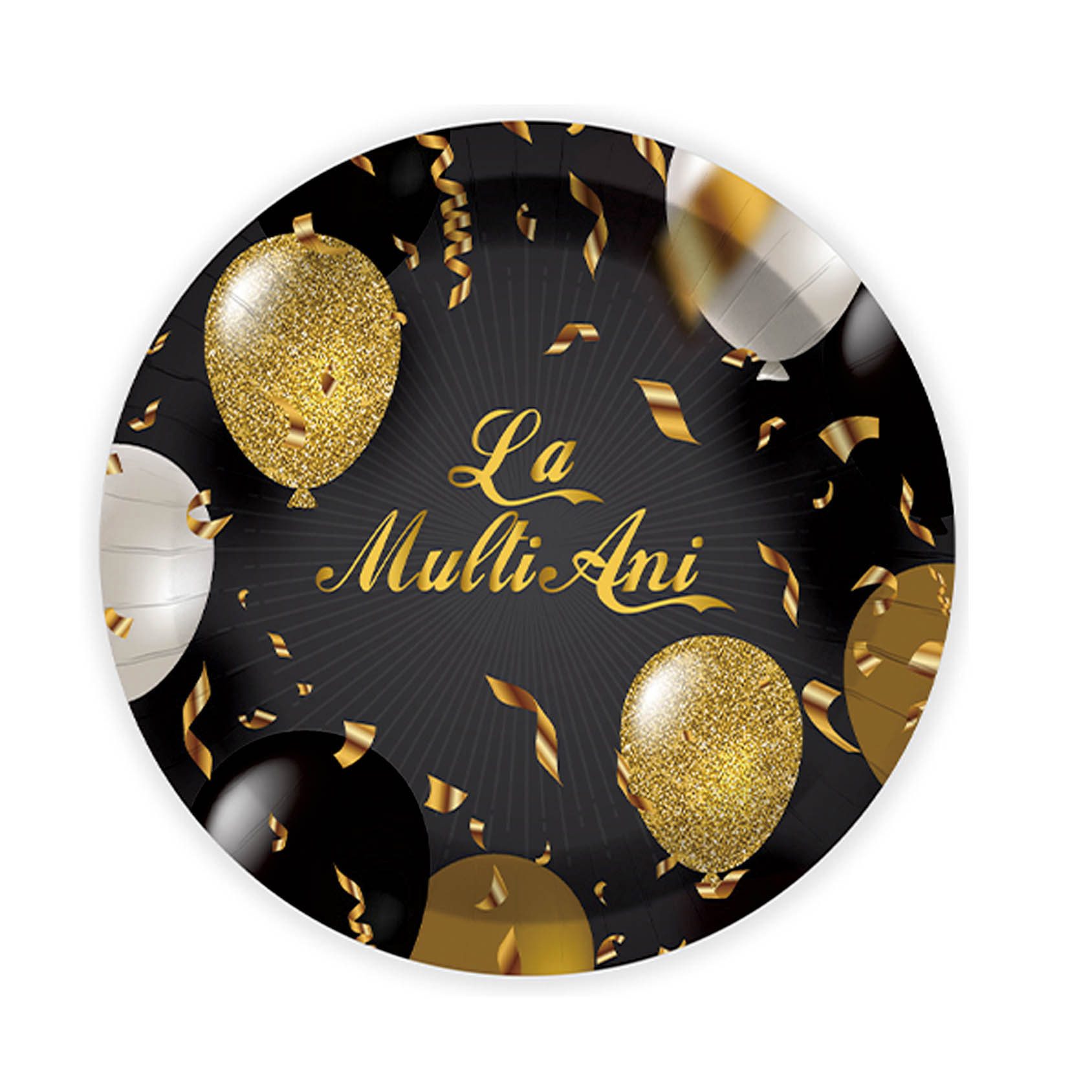 Set 8 farfurii la multi ani negru auriu, 18cm