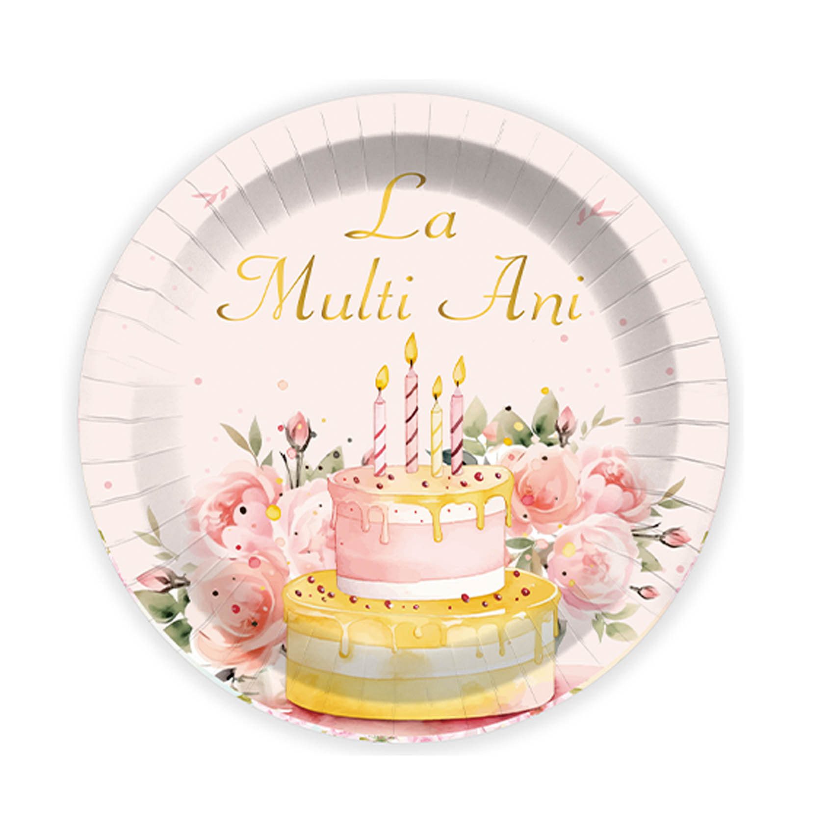 Set 8 farfurii petrecere la multi ani tort floral, 18cm