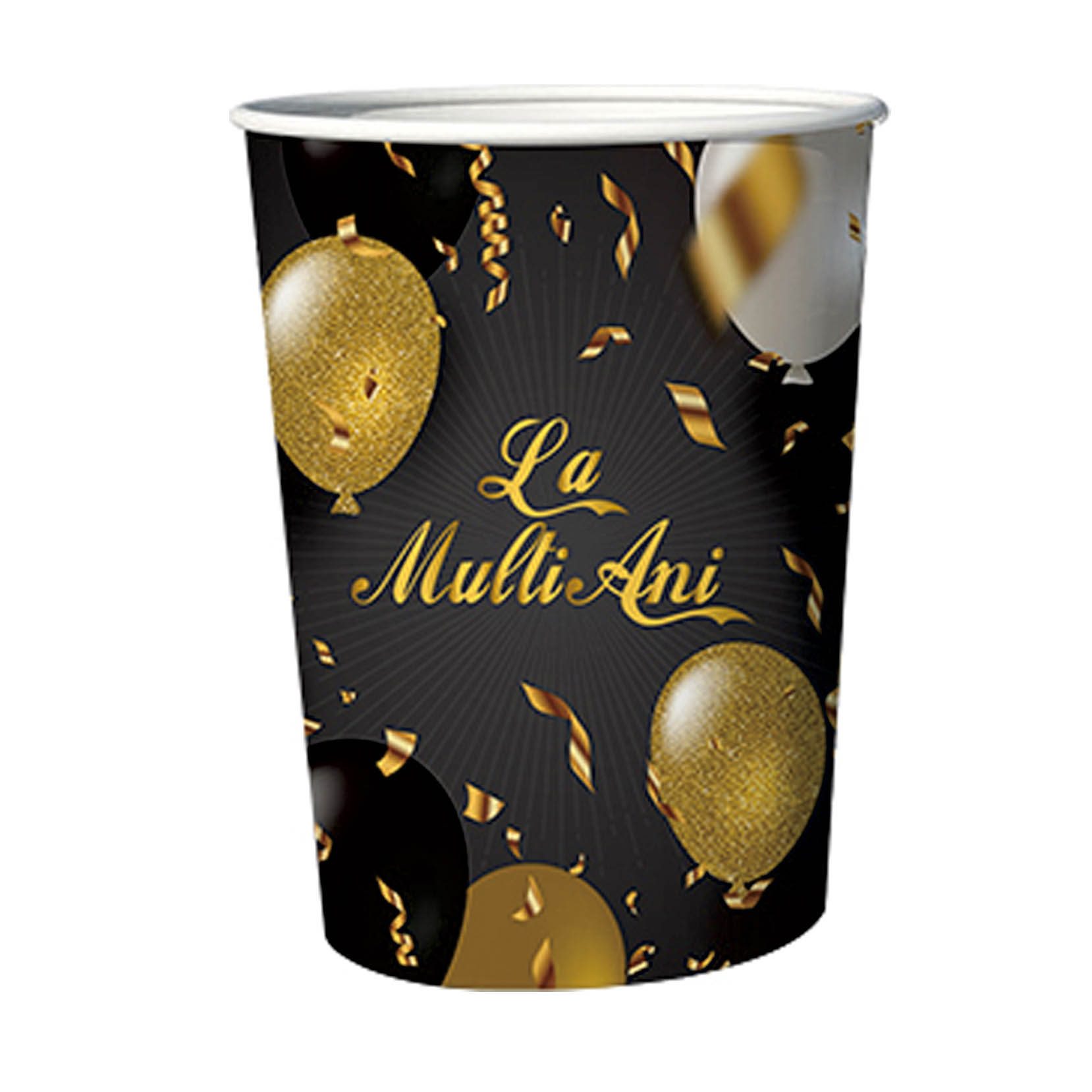 Set 8 pahare din carton la multi ani negru si auriu, 8.7cm