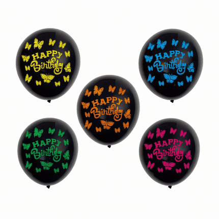 Set 20 baloane latex imprimeu happy birthday cu fluturi, 30 cm