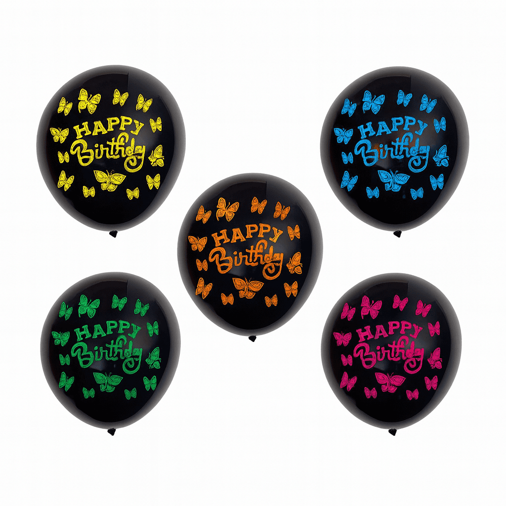 Set 20 baloane latex imprimeu happy birthday cu fluturi, 30 cm