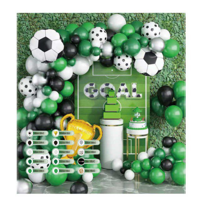 Set 203 baloane, tip arcada, tematica fotbal, verde si negru