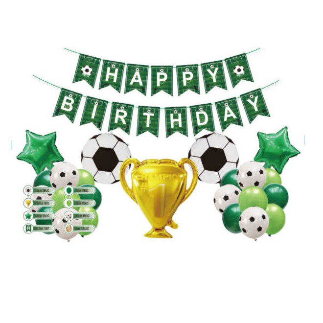 Set 30 baloane fotbal, happy birthday, alb si verde