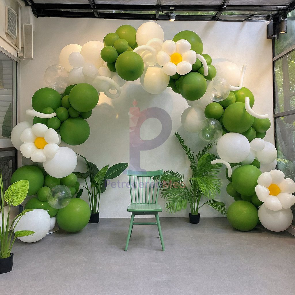Kit complet arcada demontabila, 155 baloane alb si verde