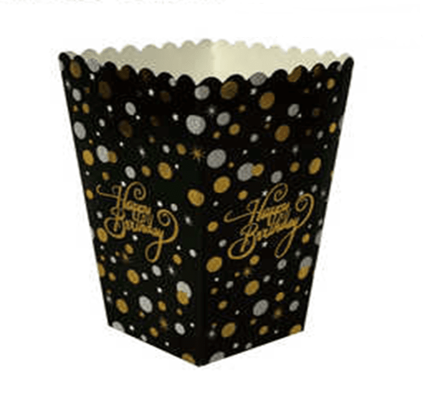 Set 8 cutii popcorn happy birthday auriu si negru 11,5 x 8 x 8 cm