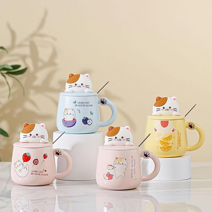 Cana din ceramica cu capac si lingurita, Happy Cat, 400 ml
